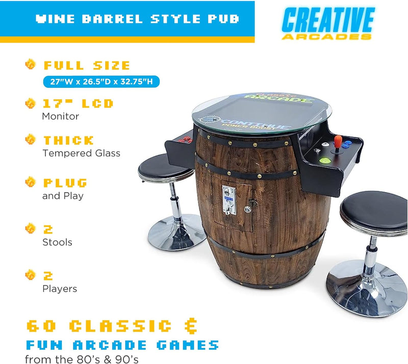 Load image into Gallery viewer, Creative Arcades Full-Size Commercial Grade Wine Barrel Style Pub Arcade Machine | Standard/Medium/Large | Classic Games | 2 Sanwa Joysticks | 2 Stools
