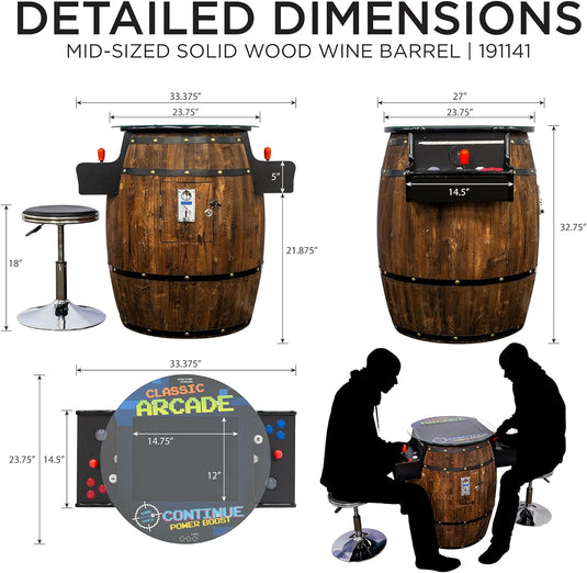 Creative Arcades Full-Size Commercial Grade Wine Barrel Style Pub Arcade Machine | Standard/Medium/Large | Classic Games | 2 Sanwa Joysticks | 2 Stools